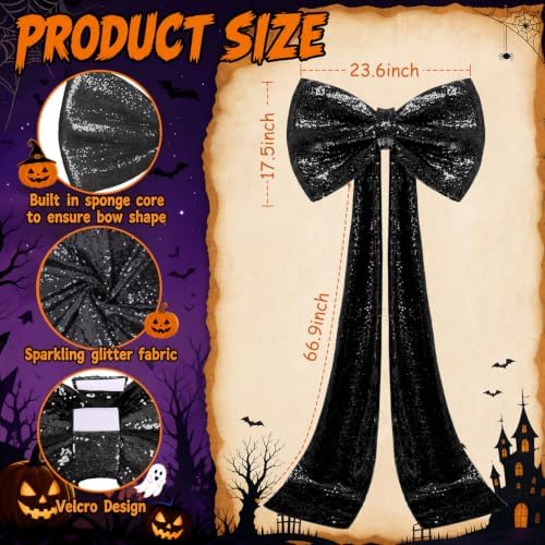 Halloween Giant Bow Decor Black Christmas Tree Topper Decor Sequin Big Bows with Long Ribbon 75 x 23 Inch Large Sparkly Bow for Halloween Front Door Wreath Party Backdrop Christmas Tree Topper Decor