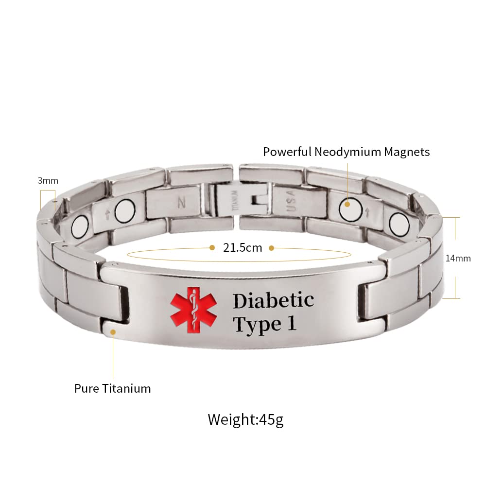 EnerMagiX Medical Id Bracelets for Men Women, Titanium Personalized Engrave Alert Id Bracelet for Type 2 Diabetes,Type 1 Diabetes, Apixaban (Type 1 Bracelets)