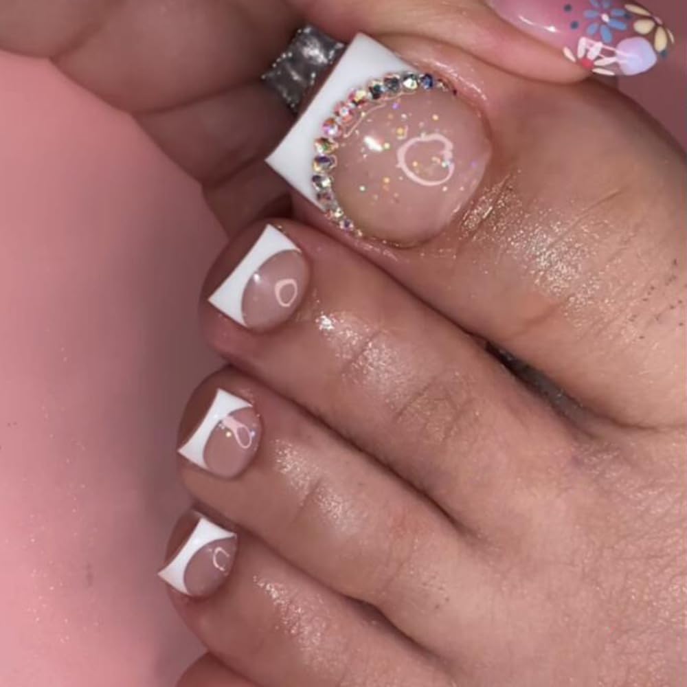 French Tip Press on Toenails Short Suqare Fake on Toe Nails Rhinestones False on Toenails Glossy Acrylic Toe Nails Glitter Full Cover Stick on Nails for Wome