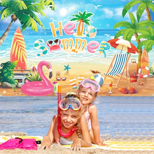 Hello Summer Beach Photo Backdrop, Schools Out for Summer Backdrop, End of School Year Party Decorations, 71 x 43 Inch