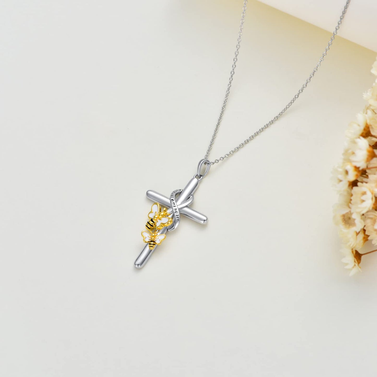 Flpruy Bumble Bee Cross Necklace 925 Sterling Silver Bee Gifts Jewelry for Women