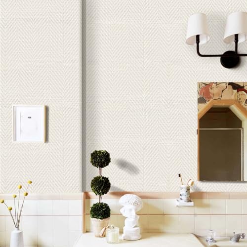 Rugreat Striped Grasscloth Wallpaper Peel and Stick Textured Grass Cloth Contact Paper for Cabinets Herringbone Fabric Wallpaper for Bedroom Beige Faux Linen Contact Paper Removable 197inL 17.3inW - size: 17.3" x 197"