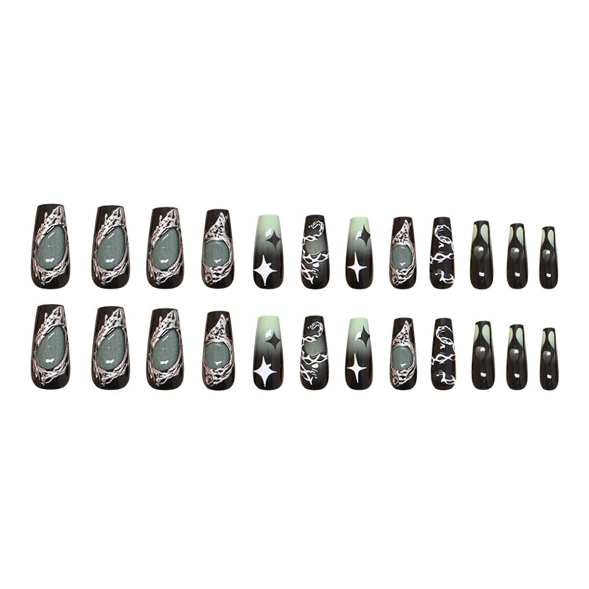 24Pcs Gothic Press on Nails Medium Coffin Fake Nails 3D Y2K False Nail with Star Irregular Silver Designs Black Green Gradient Glue on Nails Silver Metal Nail Tips Full Cover Dark Stick on Nail Set