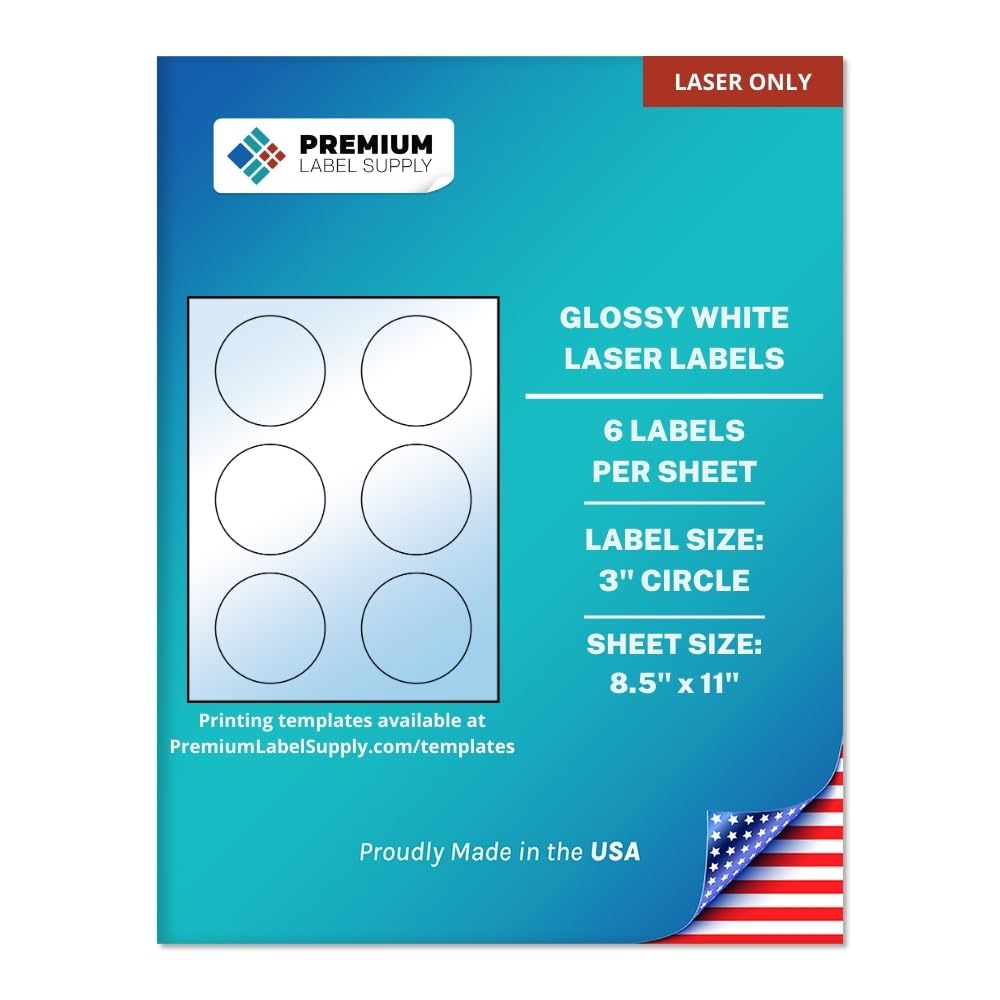 Premium Label Supply Glossy White Sticker Round Labels – 3" Circle – (6 per Sheet) (Glossy White for Laser Only, 60 Labels)