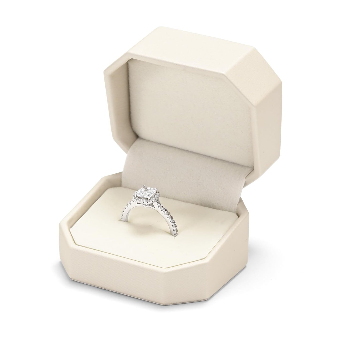 Woodten Octagonal PU Leather Jewelry Ring Gift Box Beige Small Engagement Proposal Ring Box