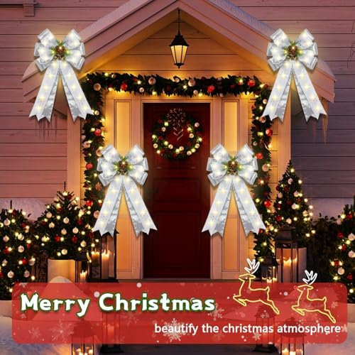2 Pcs Pre-Light Christmas Decorative Bows for Wreath, 20 X 12” Large Christmas Tree Topper Bow with Bells, Berry, Pine Cones, 40 LED Silver Snowflake Ornament Bow for Indoor/Outdoor- White