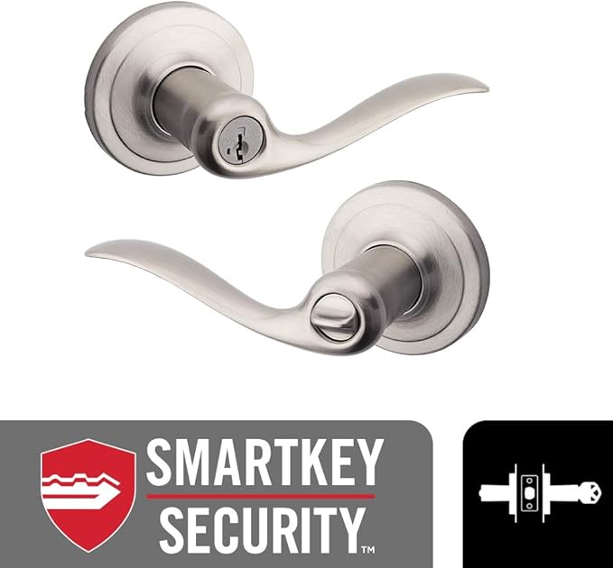 Kwikset Tustin Entry Door Handle with Lock and Key, Secure Keyed Reversible Lever Exterior, For Front Entrance and Bedrooms, Satin Nickel, Pick Resistant Smartkey Rekey Security and Microban