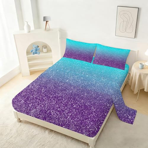 Gradient Blue Purple Sheet Set for Kids Twin Size Dreamy Fitted Sheet Set Glitter Sheet Soft Microfiber 3-Piece Sheet Set 1 Fitted Sheet+1 Flat Sheet+1 Pillowcase Cartoon Bedding Set - color: Blue and Purple, size: Twin