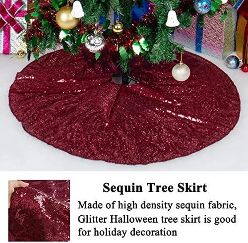 AMZLOKAE Burgundy Sequin Tree Skirt 36 Inch - Wine Christmas Holiday Decoration Kit With Glitter and Sparkle for Halloween and Xmas