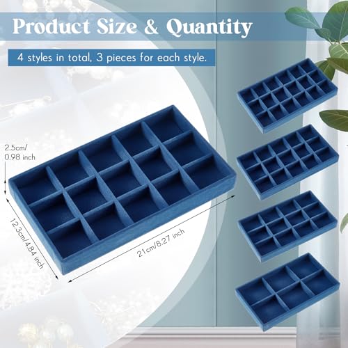 Junkin 12 Pcs Jewelry Tray Velvet Stackable Jewelry Organizer Trays Divided Earring Accessories Storage Containers Box (Rose Red) - color: Peacock Blue