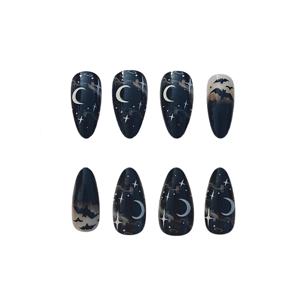 24Pcs Halloween Black Bat Press on Nails Medium Almond False Nails with White Spider Web Star Designs Halloween Glue on Nails Gothic Fake Nails Full Cover Glossy Stick on Nail for Women DIY Manicure