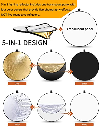 Light Reflector for Photography with Clip 24inch 5 in 1 Portable 60cm Round Collapsible Multi Disc Photography Studio Photo Camera Lighting Reflector Diffuser - size: open size: 60cm/24inch