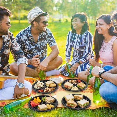 Umigy 100 Pcs 10 Inch 3 Compartments Divided Plastic Plates Bulk Colorful Disposable Heavy Duty Round Dinnerware for Valentine Wedding Birthday Party (Black) - color: Black