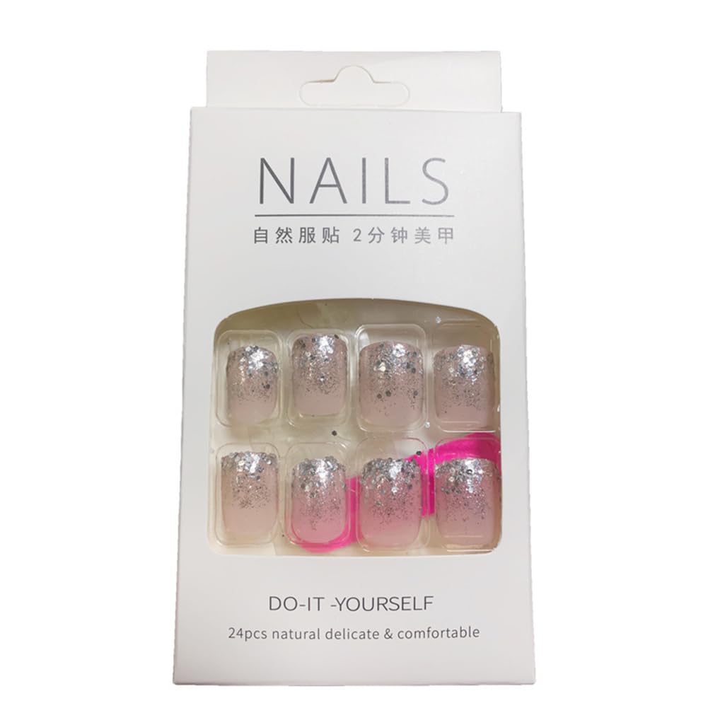 Hrnsnails Nails Press ons,Glitter Ombre Short Square Press on Nails Fake Nails Acrylic Artificial Nails Sparkly Sequins Stick on Nails for Women 24Pcs