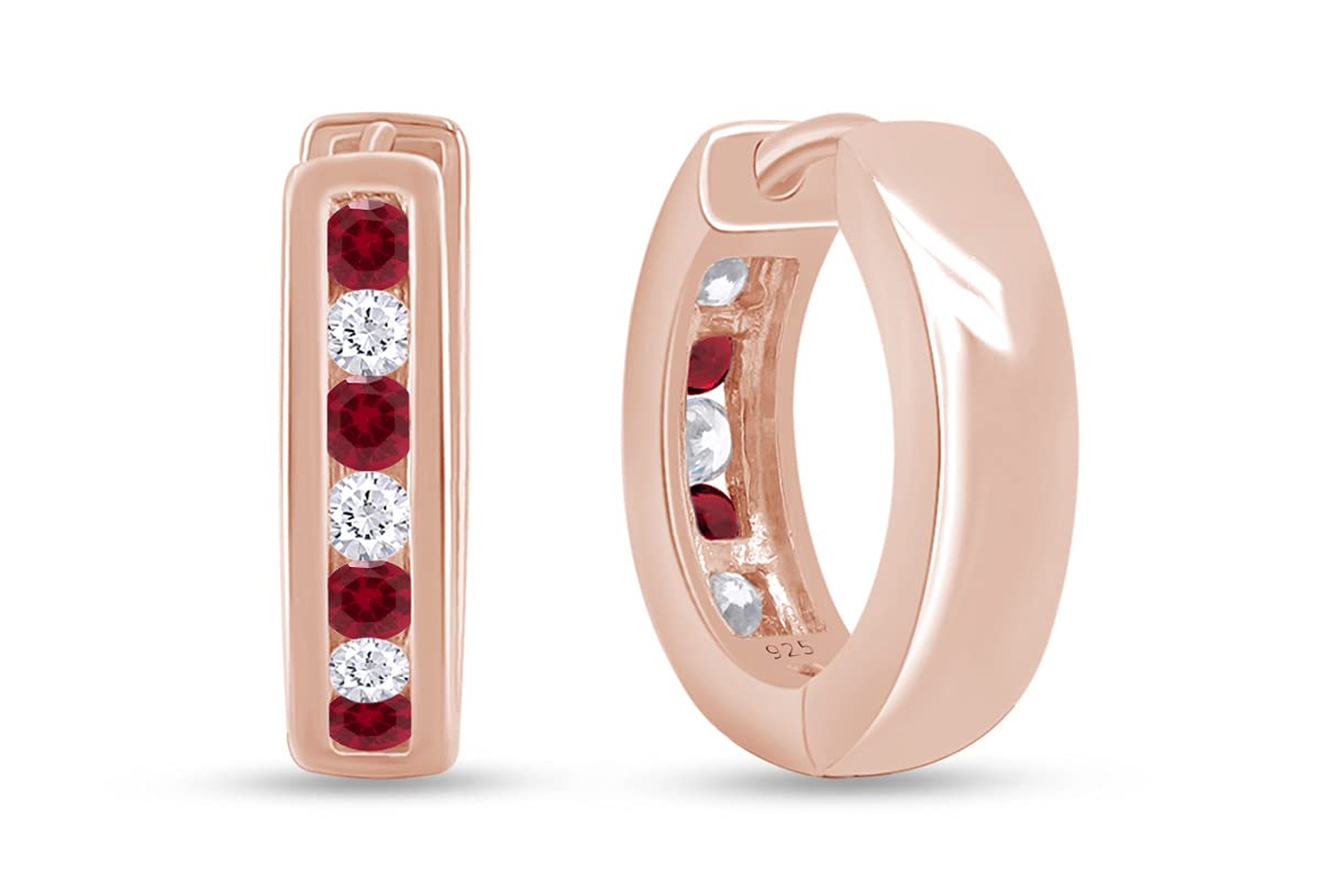 Huggie Earrings for Women, 14K Rose Gold Over Sterling Silver Hoop Earrings with Simulated Ruby and White Cubic Zirconia, Dainty Elegant Jewelry Gift