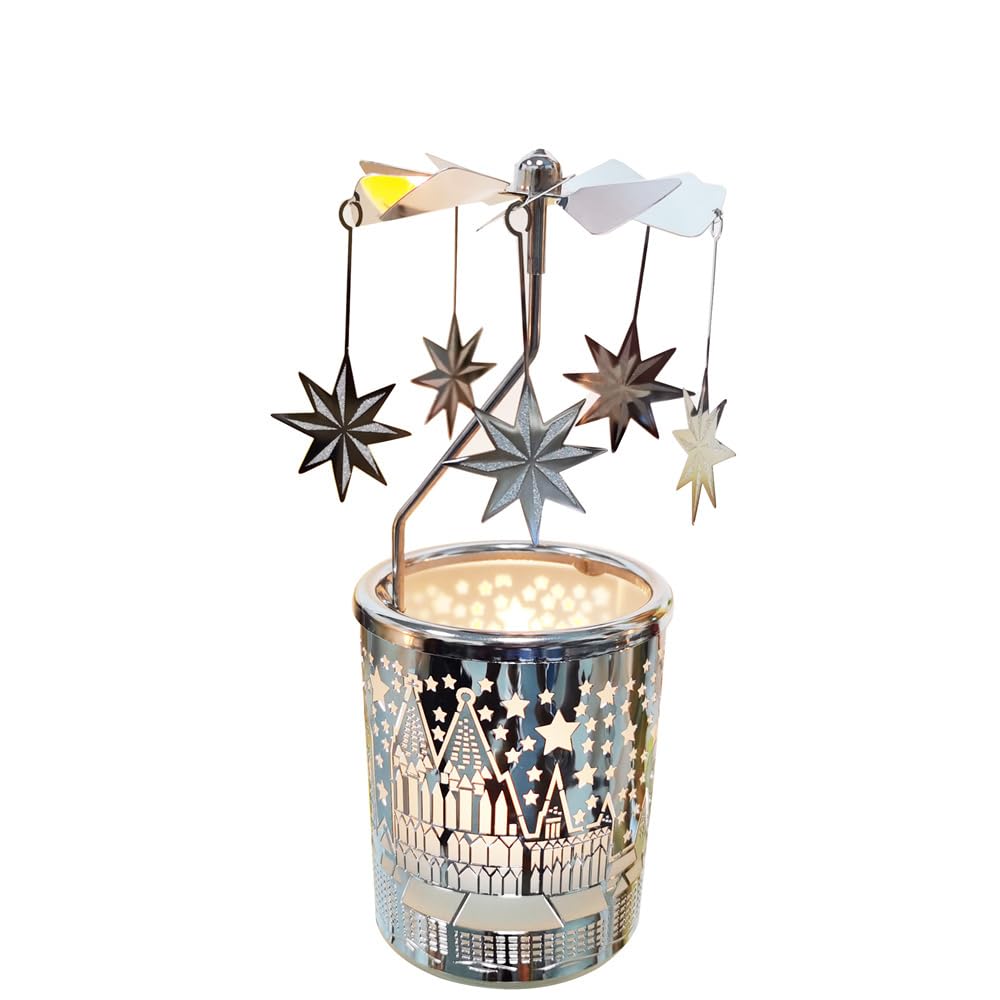 Qtnuerm Metal Rotary Candle Holder Spinning Windmill Tea Light Carousel Decor for Home & Gifts (Silver North Star)