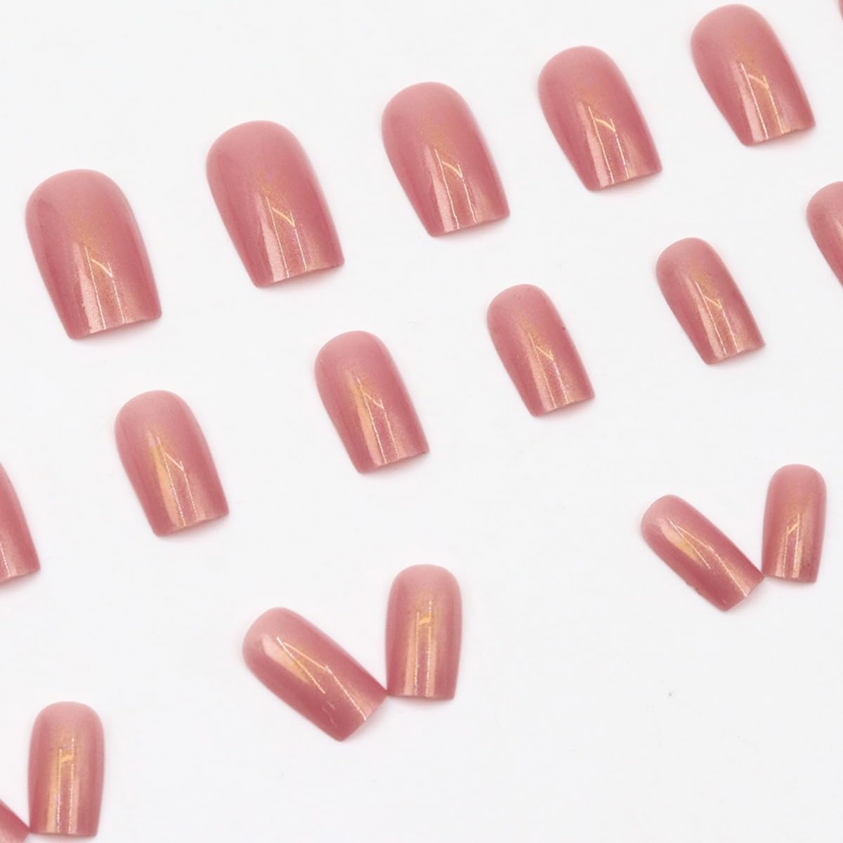 Pink Press on Nails Medium Square Nails Fake Nails Hot Pink Nail Press ons Chrome Glossy Glue on Nails Full Cover Shiny Acrylic Stick on Nail for Women Manicure 24Pcs