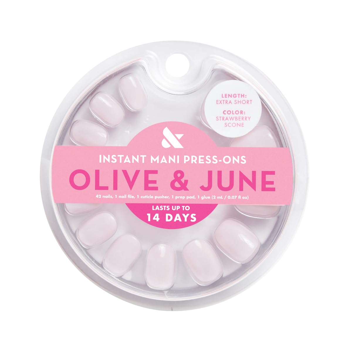 Olive & June Instant Mani Press-On Nails (Glue) | 42 Fake Nails, 21 Sizes | Non-Toxic, Long-Lasting Recycled Materials Realistic Look | Spring Flowers & Patterns | Extra Short, Round |Strawberry Scone