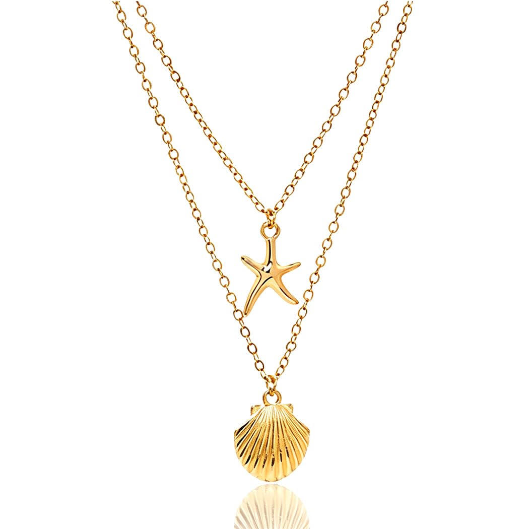 Yalice Starfish Layered Necklace Chain Boho Shell Pendant Necklaces Beach Surfer Costume Jewelry for Women (Gold)