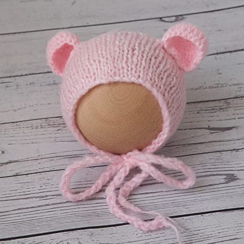 Newborn Photography Props Boys Girls Outfits Mohair Bear Hat Bonnet & Footed Romper Bodysuit Photoshoot Costume Set - color: Pink