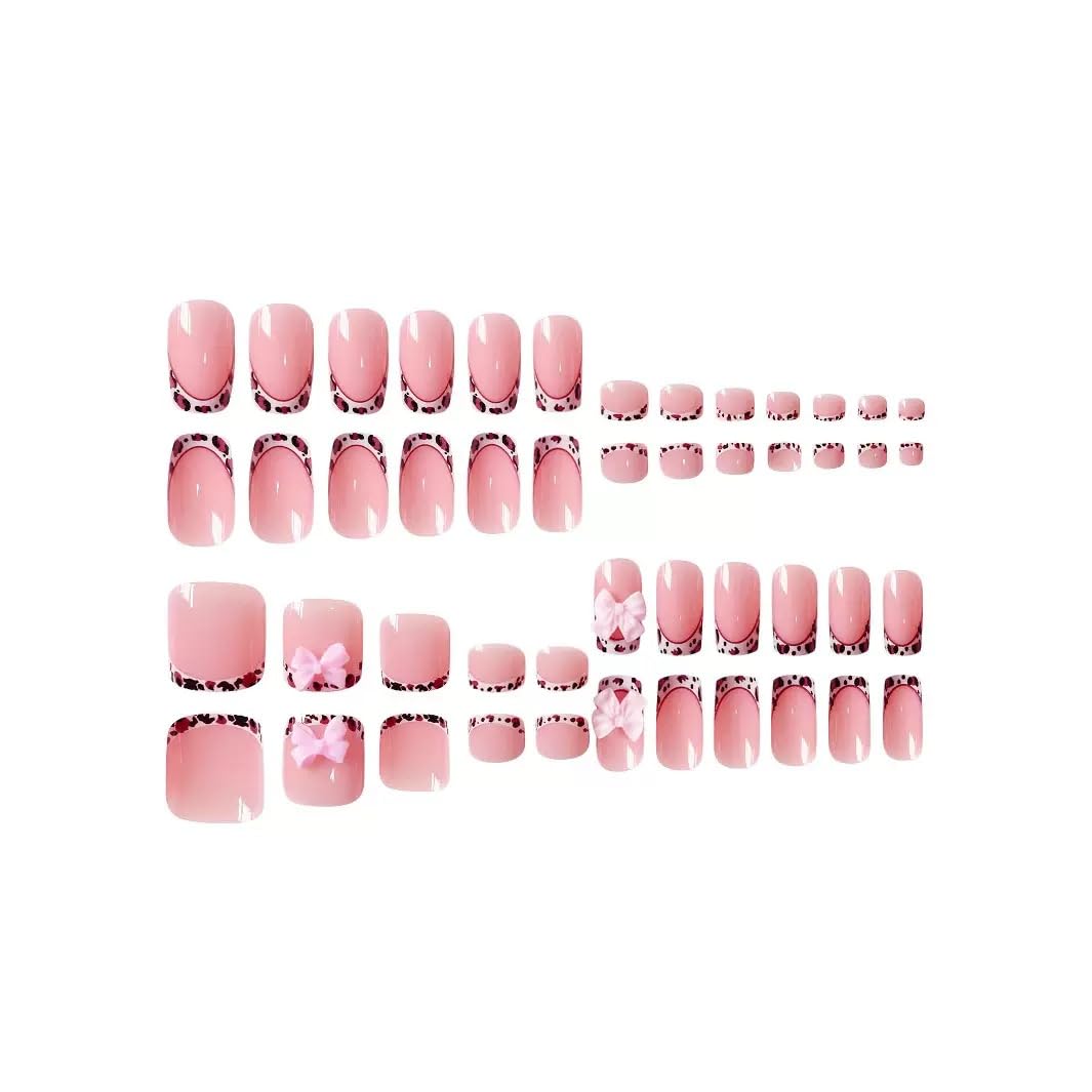 48Pcs Short Press on Nails Square & Press on Toenails Set, Pink Press on Nails Leopard Print French Tip Fake Nails with Bow Design Press on Toe Nails for Women Manicure Kit