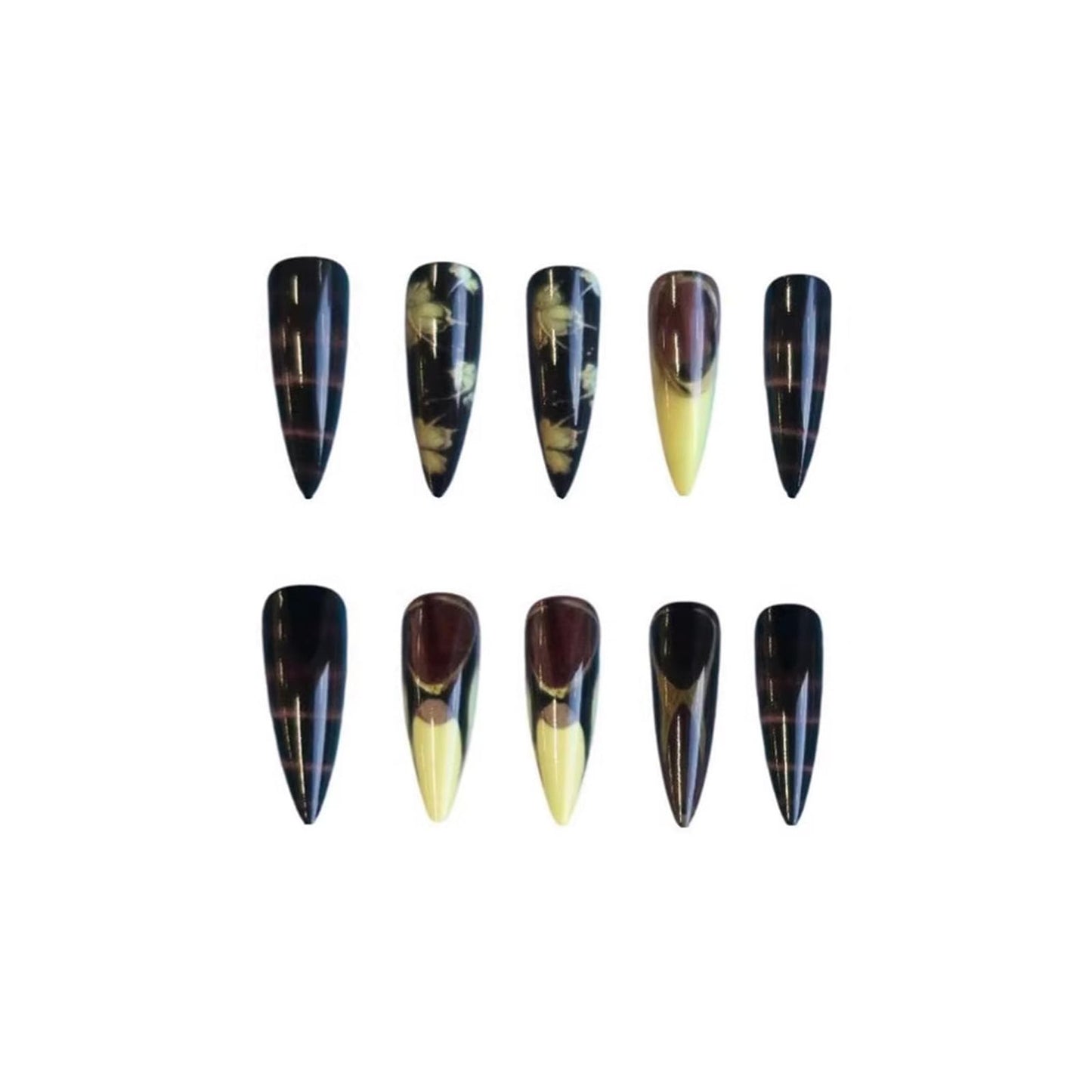 SINHOT Stiletto Press on Nails - Long Fake Nails, Glossy Finish, Brown Yellow French Tip & Gold Chrome, Reusable Artificial False Nail Art - 24 Pcs Nail Kit with Glue