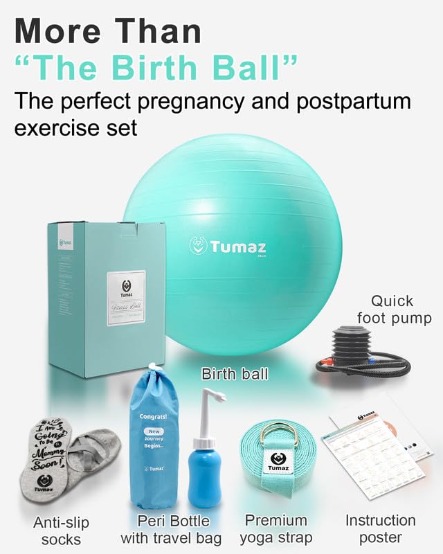 Tumaz Birthing Ball for Pregnancy & Labor - Including Birthing Ball/Peri Bottle/Yoga Strap/Non-Slip Socks for Exercises Set with Quick Foot Pump & Instruction Poster