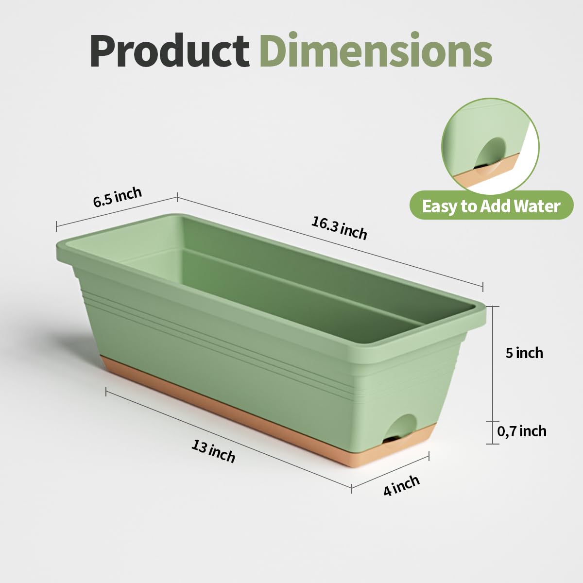 LESOASIS Window Box Planter, 6 Pack Plastic Vegetable Flower Window Planters Boxes 16 Inches Rectangular Flower Pots with Drainage Holes and Saucers (Green)