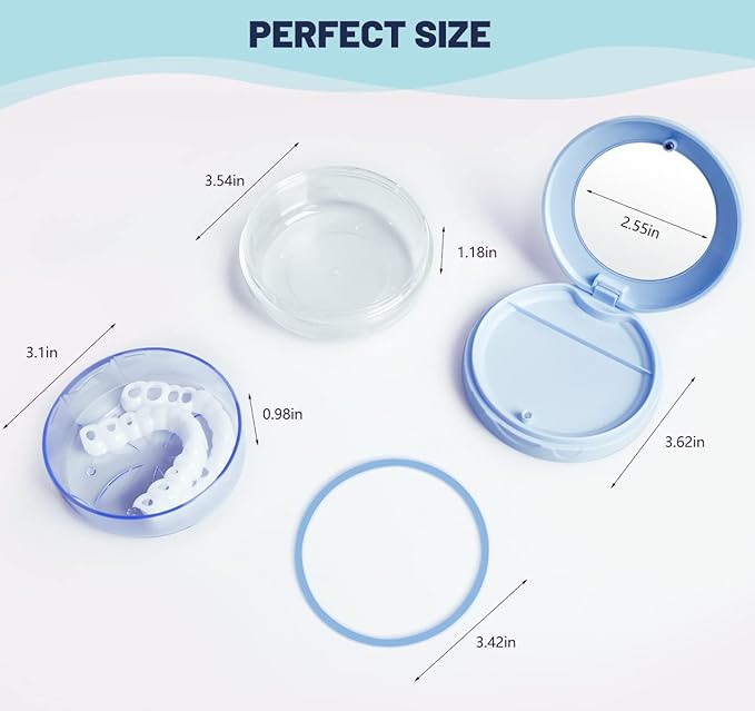 Leak Proof Dental Retainer Case, Denture Cleaning Case, Denture Bath Case, Denture Case, Retainer Cleaning Case Mouth Guard Perfect for Travel, Denture Cups for Soaking Dentures & Mirror (Blue)