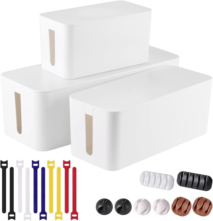 3 Pack Cable Management Box with 18 PCS Cable Management Set - Large & Medium & Small Cable Organizer Box to Hide Wires & Power Strips | TV Cord Organizer Box | for Home & Office, White