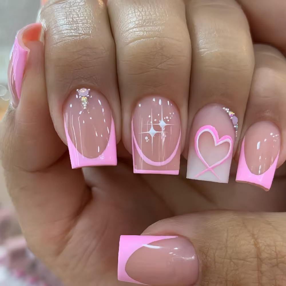 Pink French Tip Press on Nails Medium Square Fake Nails with Heart Rhinestone Design Valentine's Day False Nails for Women 24 Pcs