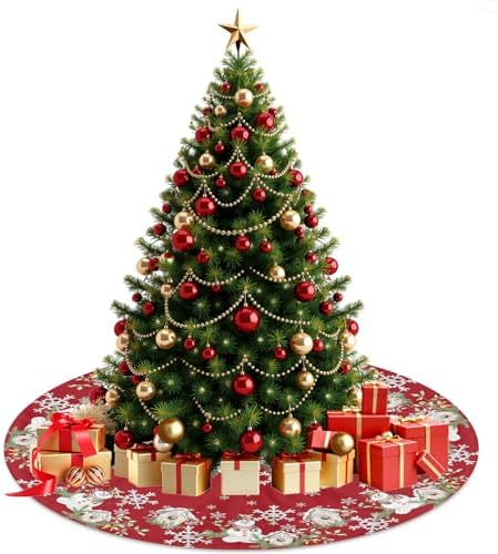 Winter Snowman Red Christmas Tree Skirt 48 Inch Xmas White Snowflake Tree Skirt Winter Snowman Christmas Tree Mat for Xmas Farmhouse Home Party Holiday Indoor Outdoor Decorations