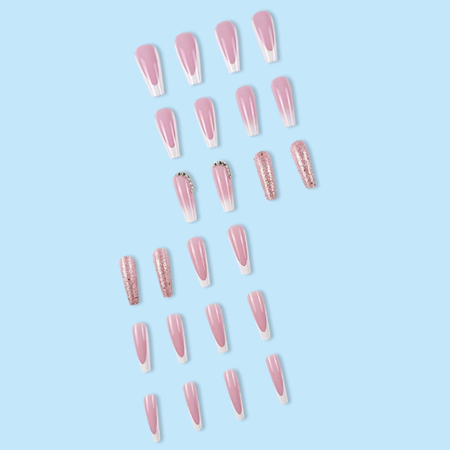 Gifiky Long Coffin False Nails White French Press on Nails Gradient Nails Tips Acrylic Cute Glitter Fake Nails for Women and Girls 24Pcs