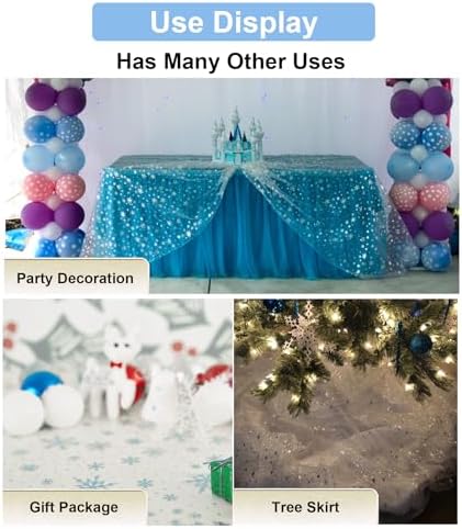 Winter Wonderland Snowflake Decorations, 59" x 119" Multi Color Foil Organza Tablecloth, Christmas Tree Skirt (White+Gold)