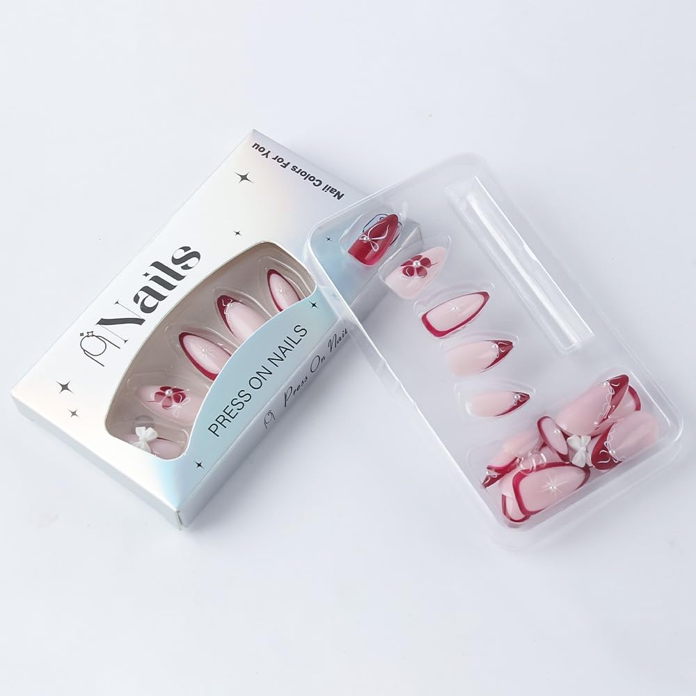 Flower Press on Nails Medium Almond Fake Nails with 5D Bow Charm Design Glossy Lace French Tips False Nail Full Cover Red Nail Press ons Reusable Spring Summer Acrylic Nail for Women Manicure 24Pcs