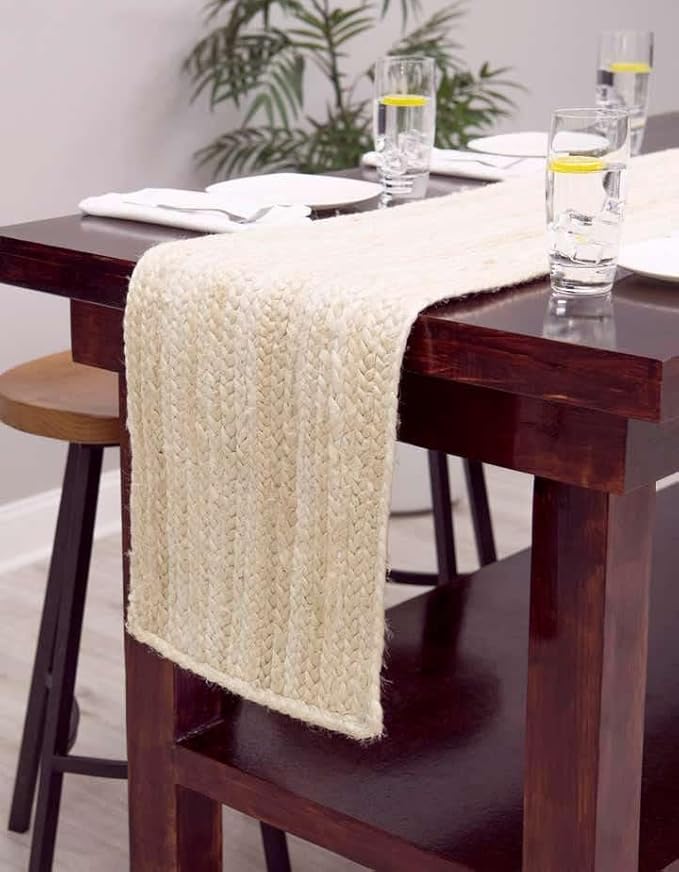 Handwoven Natural Jute Table Runner – Rustic Farmhouse Style, Natural Burlap Look – Eco-Friendly Table Decor for Dining Table, Weddings & Events,Size-13 x 96 Inches-White