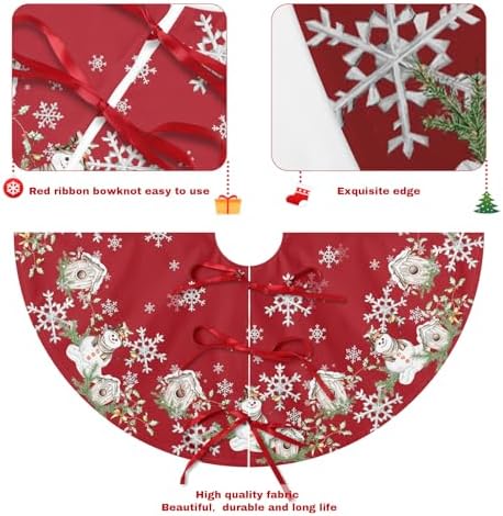 Winter Snowman Red Christmas Tree Skirt 48 Inch Xmas White Snowflake Tree Skirt Winter Snowman Christmas Tree Mat for Xmas Farmhouse Home Party Holiday Indoor Outdoor Decorations