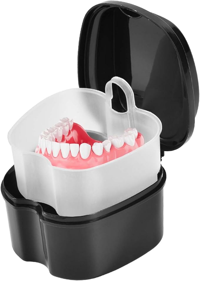 Black Denture Bath Case Cup Box Holder Storage Soak Container with Strainer Basket for Travel Cleaning