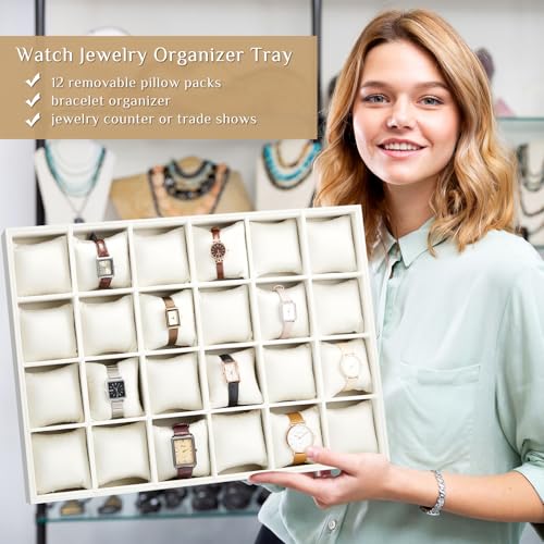 Henoyso 2 Pieces 24 Grid Velvet Watch Tray Jewelry Organizer Stackable Watch Bracelet Bangle Display Holder Adjustable Pillow(Beige) - color: Beige, size: 24 Grid