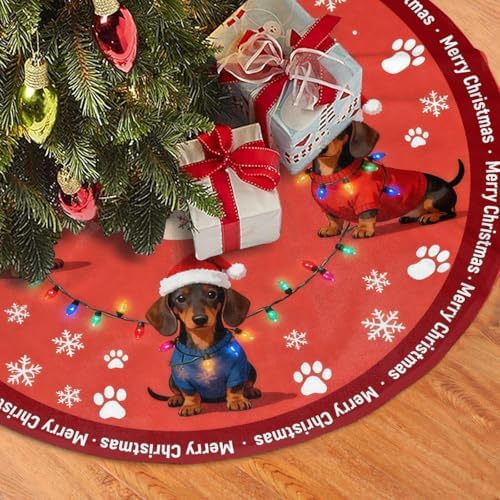 Dachshund Dog Paw Snowflakes Christmas Trees Skirts 48", Retro Sports Xmas Tree Cloth Mats for Holiday Party Decor Gift, Festival, Home Decoration