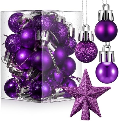 RoundFunny 25 Pcs Mini Christmas Balls Ornaments Set 0.79 Inch Christmas Day Ball Topper Star Tree Hanging Ornaments for Party Decoration(Purple)