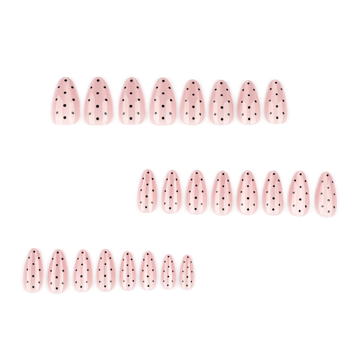 Medium Almond Press on Nails Polka Dot Fake Nails Pink Glass Nails Press ons with Black Dots Design,Reusable & Easy Apply Full Cover Glue on Nails for Women Manicure 24Pcs