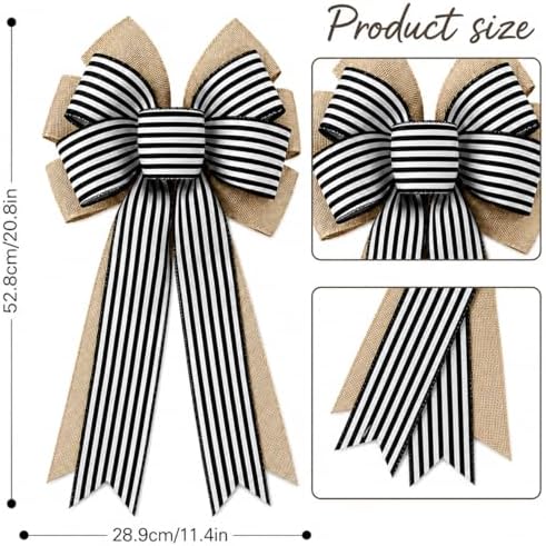 2 Pcs Black and White Striped Burlap Wreath Bows, Large Farmhouse Hanging Bows with Wired Edge, Decorative Bow for Front Door Wreath, Porch, Wall, Stair Rail, Halloween, Wedding, Christmas Decor
