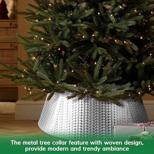 EIMMBD Metal Christmas Tree Collar, 28 Inch Christmas Tree Collar Basket Skirt for Large Christmas Tree, Artificial Tree Skirt Holiday Christmas Decorations Indoor Outdoor(Silver)