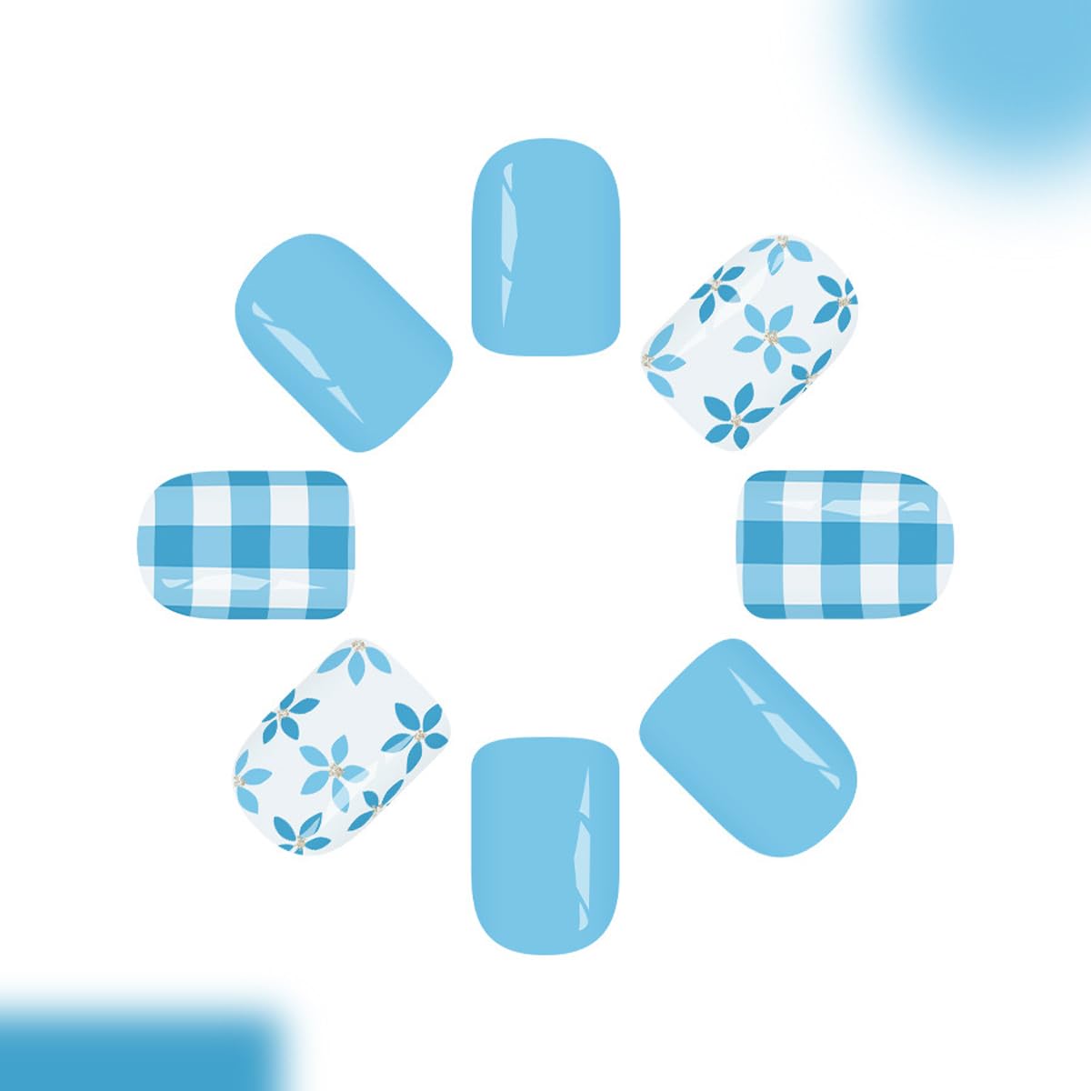 Blue Press on Nails Short Square Fake Nails Spring Summer Nails Press ons with Blue Flower & Plaid Design Full Cover Stick on Nails for Women Manicure,Artificial | Reusable | Easy Apply | 24Pcs
