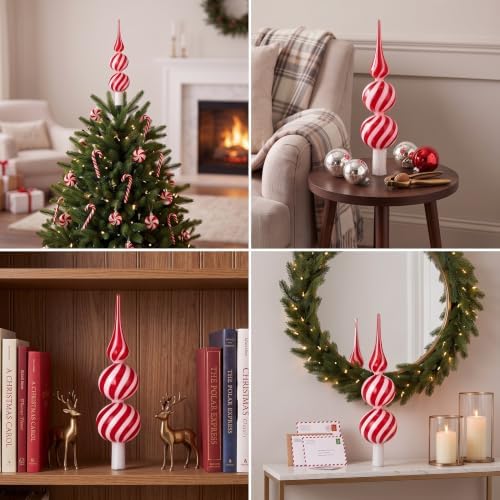 Gejoy Glass Christmas Finials Tree Topper Ornaments Spherical Red and White Candy Glass Xmas Tree Topper Finials Holiday Indoor Suitable for Party Decoration, 9.8inches
