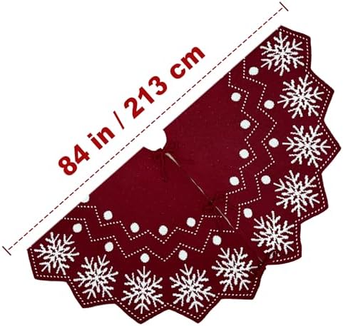 84-Inch Reversible Knit Tree Skirt with Christmas Star–Inspired Pointed Edge Border and Lace-Up Closures, Machine Washable Thick Acrylic Yarn, Burgundy & White