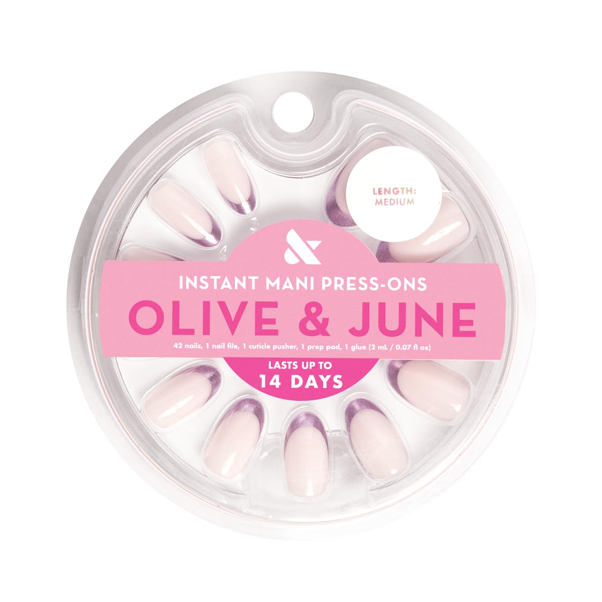 Olive & June Instant Mani Press-On Nails (Glue) | 42 Fake Nails, 21 Sizes | Non-Toxic, Long-Lasting Recycled Materials Realistic Look | Salon-Quality | Medium, Oval | Metallic French Lilac Shimmer
