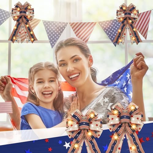 2 Pcs Patriotic 4th of July Lighted Wreath Bow Large Red White and Blue 250th Anniversary Burlap Tree Topper American Flag Star Independence Memorial Day Indoor Outdoor Decoration(Simple)