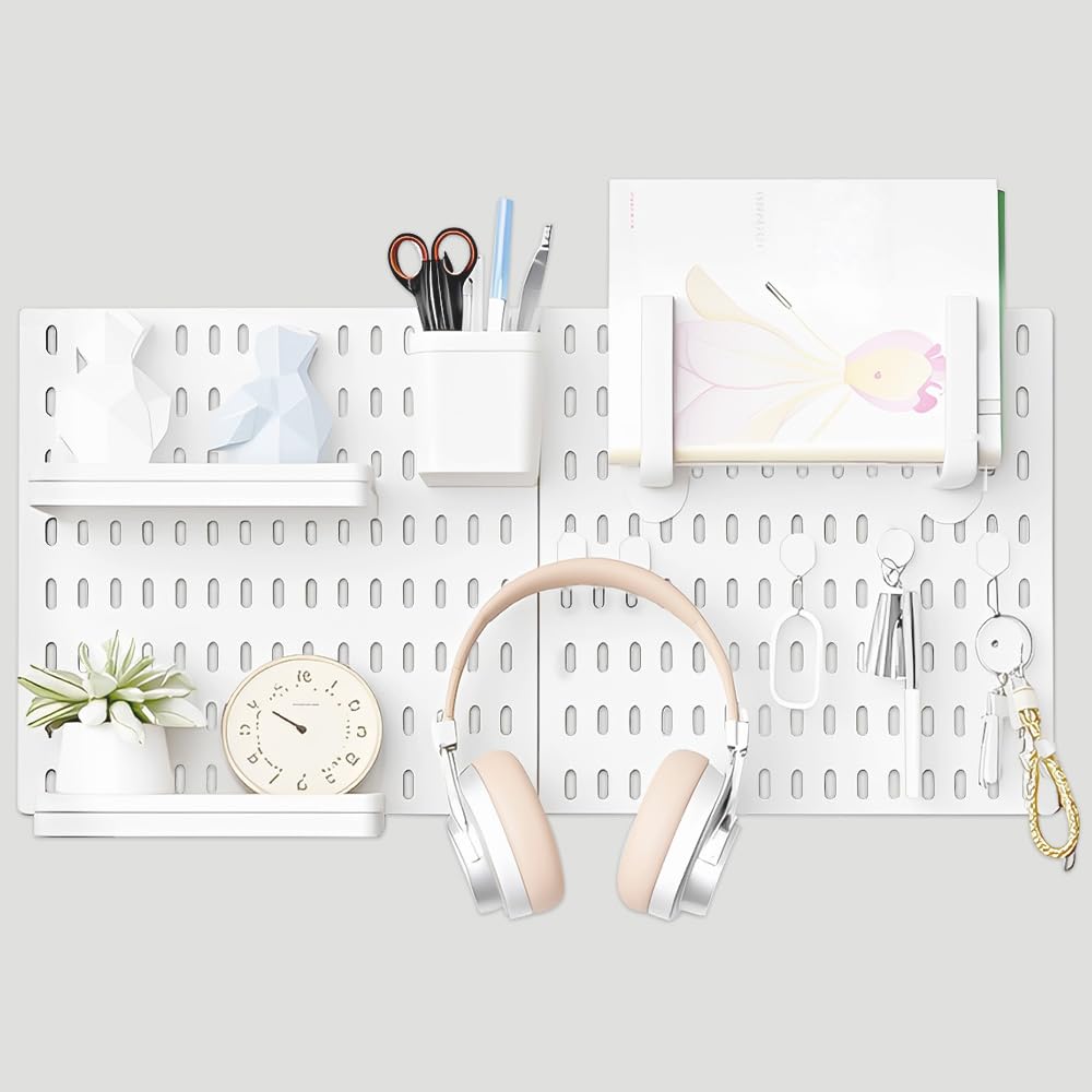 Pegboard Organizer for Wall Organization with 2 Pieces White Peg Board and 11 Accessories Set, Wall Mount Display Storage Kits for Kitchen Bedroom Office Bathroom Crafts Tools